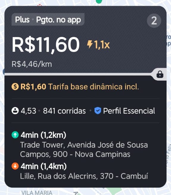 Print de corrida de R$ 11,60 com R$ 4,46 por quilômetro