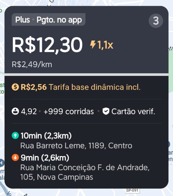 Print de corrida de R$ 12,30 com R$ 2,49 por quilômetro